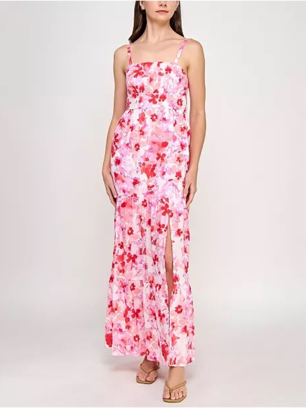 Floral Smocked Tiered Midi Dress Pink Red Watercolor Print Cottagecore NWOT